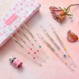 Handmade Glass Dip Pen Set Dried Flower Crystal Ink Pen with Gift Box for Calligraphy Writing Drawing Signature Artists