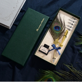 Luxury Peacock Feather Quill Dip Pen Set Vintage Calligraphy Fountain Pen with Metal Nibs and Gift Box for Writing Stationery